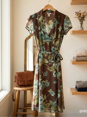 Vintage J.B.S. Floral Tie Dress in Brown and Sage - Women's Dress